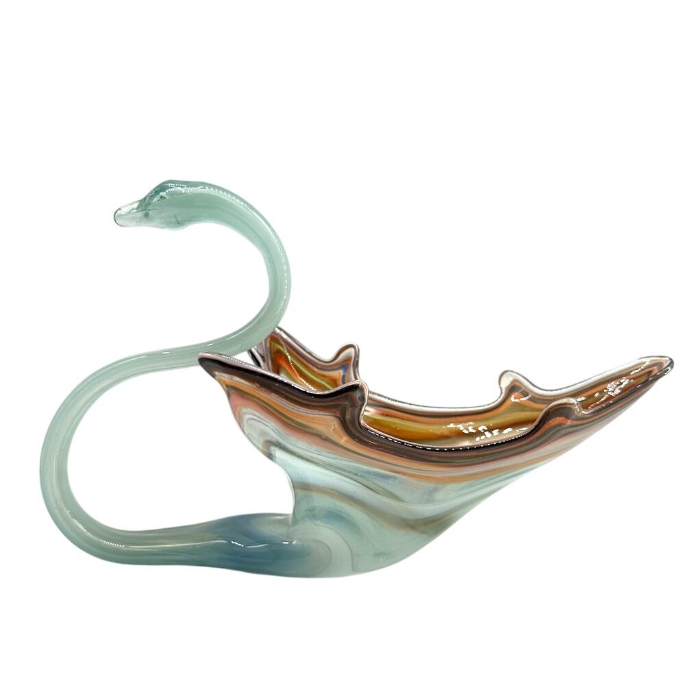 Vintage Art Glass Swan Bowl Centerpiece Aqua Multicolor Murano Style Decor
